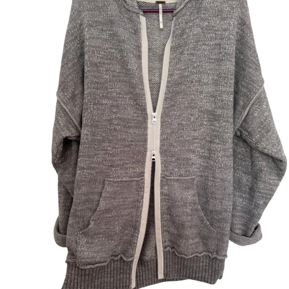 Free People Sz M In Bloom Knit Hoodie Sweater Gray White Oversized Full Zip Boho